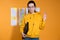 To present your project in front of colleagues or partners, a young woman in a yellow hoodie,