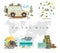 To the wild vector illustration set with off road jeep, seamless wildlife nature pattern, backgrounds and objects.