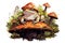 Toad sitting on mushroom toadstool design, colourful. Generative AI