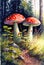 Toadstool, mushrooms in red with white spots, forest landscape