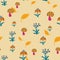 Toadstools, flowers and leaves seamless vector pattern