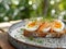 Toast with boiled eggs and smoked salmon, served outdoors. Traditional food for midsummer celebrations. Generative AI