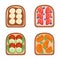 Toast breackfast vector illustration. Toasted sandwiches collection.Toasts with different ingredients Top View.