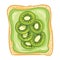 Toast bread isolated icon on white background. Sandwich with green icing spread butter and kiwi slices doodle. Breakfast food.