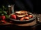 toast bread on plate with strawberry on wooden table