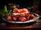 toast bread on plate with strawberry on wooden table