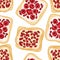 Toast bread sandwiches comic style seamless border pattern. Sandwiches with raspberries and garnet seeds with a white spread