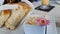 Toast buttery spread flower fancy on diner table closeup