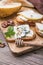 Toast or canape  with goat cheese, thyme, honey.  Delicious appetizer, ideal as an aperitif