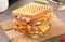 Toast fried chicken sandwich, hummer sandwich on wood background with fries