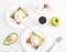 Toast with poached eggs and avocado. Healthy breakfast and food. Cozy morning. Nutrition for pregnant. Diet for women. Breakfast