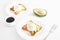 Toast with poached eggs and avocado. Healthy breakfast and food. Cozy morning. Nutrition for pregnant. Diet for women. Breakfast