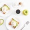 Toast with poached eggs and avocado. Healthy breakfast and food. Cozy morning. Nutrition for pregnant. Diet for women. Breakfast