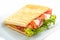 Toast sandwich with vegetables and mozzarella on white plate