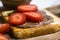 Toasted bread with chocolate  food   calories creamy   choco  gourmet  lunch spread strawberries on a wooden background