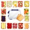 Toasted bread with various toppers and toaster. Breakfast vector cartoon icons. Restaurant or cafe menu design elements