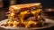 Toasted sandwich with grilled beef, cheddar cheese, and melting onions generated by AI