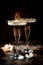 Toasted smores martini with chocolate liquor, cream, marshmallow and graham cracker rim.