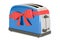 Toaster with red ribbon and bow, gift concept. 3D rendering