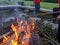 Toasting 2 marshmallows on the end of sticks over a fire