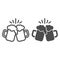 Toasting glasses of beer line and solid icon, Craft beer concept, Cheers sign on white background, Beer mugs icon in