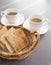 Toasts in basket Breakfast set with coffee