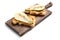 Toasts with pear slices, peanut butter and chia seeds on wooden board