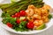 Toasty asparagus with fried prawns, lime and salad
