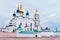 The Tobolsk Kremlin is white-stone kremlin in Siberia, Russia. Wall and tower, domes of St. Sophia-assumption Cathedral