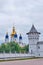 The Tobolsk Kremlin is white-stone kremlin in Siberia, Russia. Wall and tower, domes of St. Sophia-assumption Cathedral