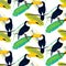 Toco toucan bird on banana leaves seamless vector pattern.