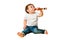 Toddler baby with a flute wind musical instrument on a studio isolated