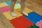 Toddler on baby foot massage mat. Exercises for legs on orthopedic massage carpet. Orthopedic massage puzzle floor mats