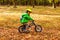 Toddler boy balancing on a balance bike in a park