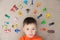 Toddler boy playing with car collection on carpet. Transportation,airplane, plane and helicopter toys for children