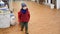 Toddler boy pulls shopping cart and looking around walking through hardware store.