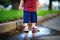 Toddler boy standing in a puddle