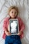 Toddler child, holding x-ray picture on tablet of child body with swallowed magnet showing, child swallow dangerous object