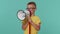Toddler children boy talking with megaphone, proclaiming news, loudly announcing advertisement sale