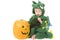 Toddler eats lollipop while wearing dragon costume