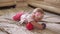 Toddler funny playing with toy ball on floor