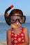 Toddler girl with father`s diving glasses and snorkel