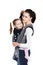 A toddler girl in front vertical position in baby carrier