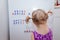 Toddler girl playing with magnet russian letters on fridge. Learning to make words. Early reading.