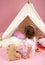 Toddler Girl Pretend Play with Teepee Tent and Stuffed Bear Toy