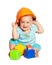 Toddler in hardhat over white