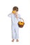 Toddler holding basket of oranges, clipping path