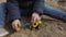 Toddler kid playing with toy car in sandbox.