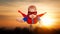 Toddler little baby superman superhero with a red cape flying th