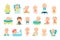 Toddler Playing with Toys and Sitting in Swimming Pool Vector Illustration Set